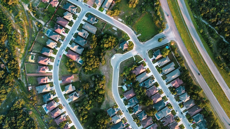 Aerial view of a Harrisonburg neighborhood with residential homes near JMU